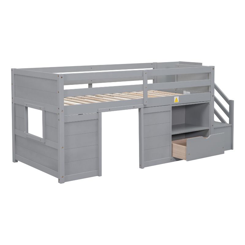 Solid Wood Twin Size Low Loft Bed with Stairs, Drawers and Shelves - ModernLuxe, 4 of 10