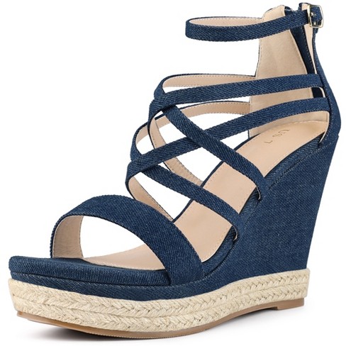 Perphy Women's Criss Cross Platform Denim Strappy Wedge Heel Sandals Blue 10