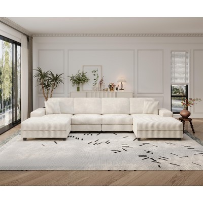 TIRAMISUBEST 120in Convertible Sofas U Shaped Sectional Modular Extra Wide Chaise Lounge Storage Armrests Modern Living Room Home Gym, Beige