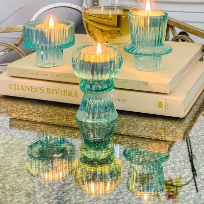 Blue Ribbed Glass Dual-Sided Candlestick and Tealight Holders Set