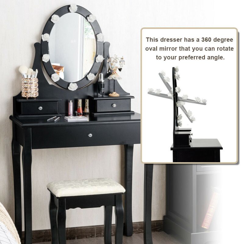 Costway Bedroom Vanity Set Makeup Dressing Table w/3 Drawers 10 LED Bulb Black, 5 of 11