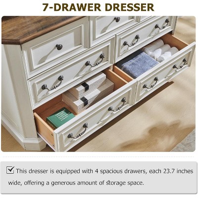 54" Antique White and Brown Farmhouse 7-Drawer Dresser