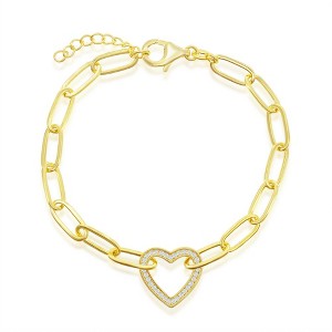 Bella Silver Sterling Silver, CZ Heart Paperclip Bracelet - Gold Plated - Gold - 7+1 Inch - 1 of 2