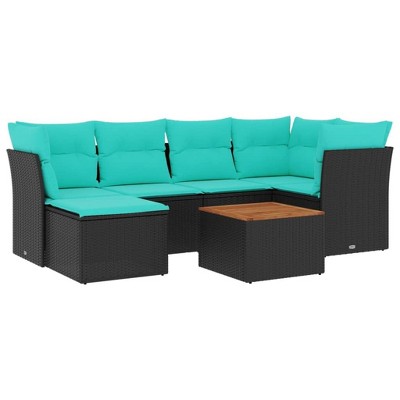 vidaXL 7 Piece Patio Sofa Set with Cushions Black Poly Rattan - Black and Blue
