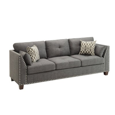 Acme Furniture 82" Laurissa Sofa Light Charcoal Linen: Includes 4 Accent Pillows, Nailhead Trim, Wood Frame