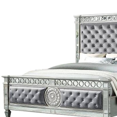Varian Gray Velvet Upholstered Queen Bed with Mirrored Accents