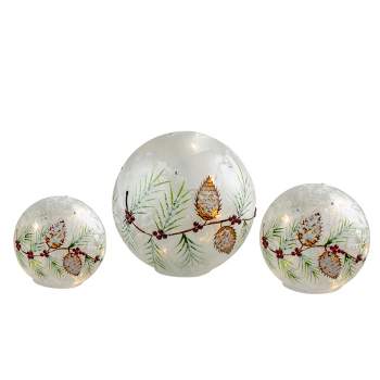 Melrose Set of 3 LED Frosted Snowball Berries and Pine Glass Christmas Globes with Timer - 8"