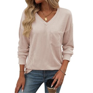 Women's V - Neck Ribbed Top with Pocket, Loose Long - Sleeve Casual Shirt - 1 of 4