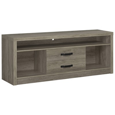 Modern Driftwood Gray TV Console with 2 Drawers and Open Shelving
