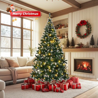 Angel Sar 7FT Snow Flocked Christmas Tree, DIY 150 Warm Lights with Remote, 1100 Branch Tips, Metal Stand, Green & White Tipped