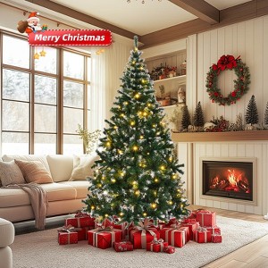 Angel Sar 7FT Snow Flocked Christmas Tree, DIY 150 Warm Lights with Remote, 1100 Branch Tips, Metal Stand, Green & White Tipped - 1 of 4