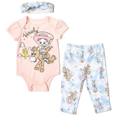 Disney Pixar Toy Story Bullseye Jessie Newborn Baby Girls Bodysuit Pants  and Headband 3 Piece Outfit Set Blue/Pink 0-3 Months