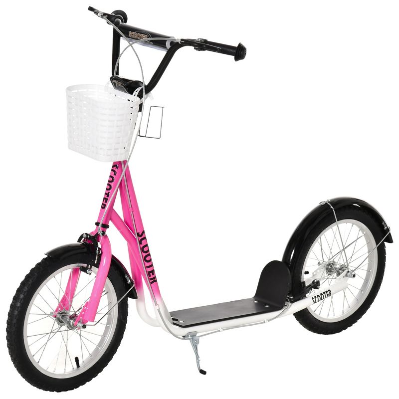 Aosom Youth Scooter, Kick Scooter with Adjustable Handlebars, Double Brakes, 16" Inflatable Rubber Tires, Basket, Cupholder, Mudguard Ages 5-12 years old, 5 of 8