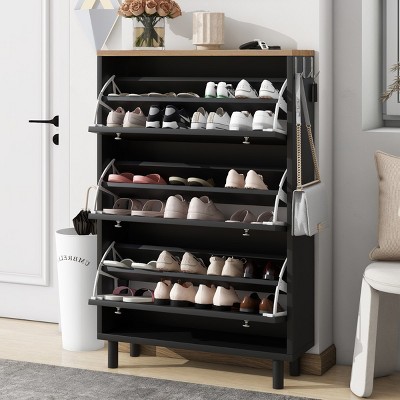 KTMBDW Shoe Cabinet with 3 Flip Drawers and 3 Hooks, Hidden Wood Shoe Cabinet, Freestanding Shoe Storage Cabinet for Entryway Hallway