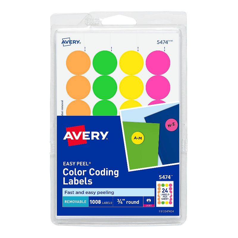Avery Removable Labels 3/4" Round 1008/PK Neon AST 05474, 1 of 6