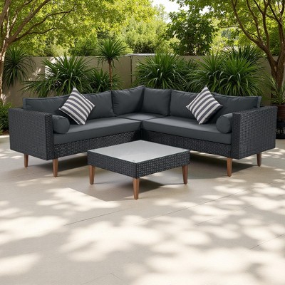 4-Pieces Outdoor Wicker L-Shaped Sectional Sofa Set with Coffee Table and Colorful Pillows