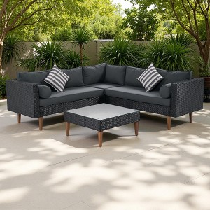 4-Pieces Outdoor Wicker L-Shaped Sectional Sofa Set with Coffee Table and Colorful Pillows - 1 of 4