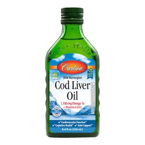 Carlson - Cod Liver Oil, 1100 mg Omega-3s + A & D3, Norwegian, Wild Caught, Sustainably Sourced, Unflavored - 1 of 3