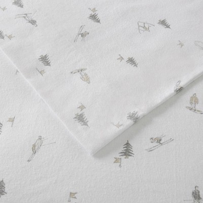California King Gray Skiers Cotton Flannel Sheet Set