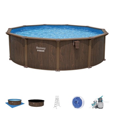 Bestway Hydrium 16’ x 52” Round Steel Wall Above Ground Pool Set with Sand Filter Pump, Skimmer and Ladder – Semi-Permanent Swimming Pool
