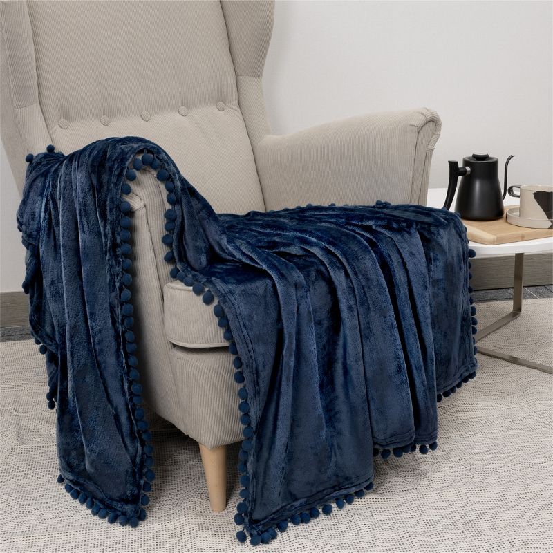 PAVILIA Fleece Pom Pom Blanket Throw for Sofa Bed, Soft Lightweight Pompom Fringe Blanket for Couch, 5 of 8