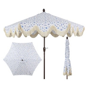 JONATHAN Y Collins 9 ft. Classic Cottage Tassel Market Patio Umbrella with Auto-Tilt, Crank, Wind Vent and UV Protection - 1 of 4