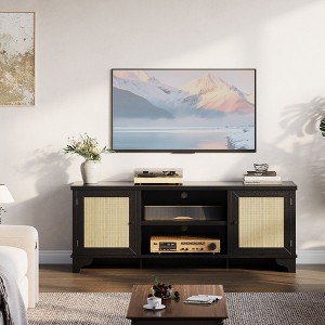 Rattan TV Stand Fits TVs Up to 65 Inches, Farmhouse Entertainment Center with Cabinets and Open Shelves, Wooden Media Console Table for Living Room - 1 of 4