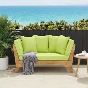 TinyHomie Expandable Daybed, Outdoor Couch Acacia Wood Patio Couch with Adjustable Armrests, Removable Cushions and Pillows, Green - 1 of 4
