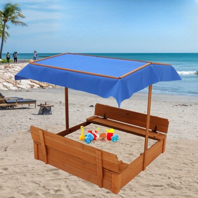 VisioGear Kids Sandbox with Cover, Sand Box with 2 Foldable Bench Seats, Brown, 46.8"*46.8"*46.8"
