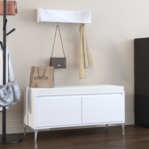 KTMBDW Coat Rack Shoe Bench Set, Wood Shoe Storage Bench with Seat Cushion&4 Hooks, Hall Tree Entryway Bench with Hidden Storage for Entryway, White - 1 of 4