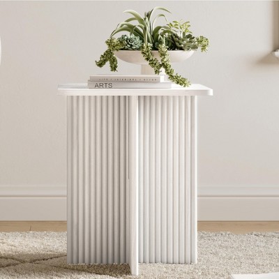 Stead Square Fluted Accent Side Table, Pedestal Drink Table, Modern Home, Bedroom, and Living Room Furniture (White)