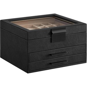 Glass Lid Jewelry Box 3 Layers 2 Drawers Modern White and Gold Finish Storage Organizer Display Case - 1 of 4