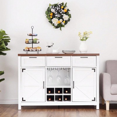 48 Inch Farmhouse Buffet Cabinet, Sideboard with 3 Drawers, 2 Barn Doors, Wine and Glass Rack, Storage Shelves, Ideal for Dining Room, Kitchen
