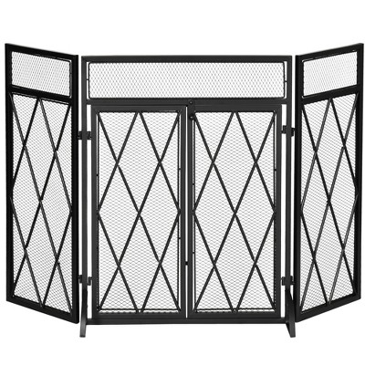 HOMCOM 3-Panel Folding Fireplace Screen for Wood Burning with Double Doors, Home Heavy Duty Steel Fire Spark Guard, 47.25" x 31", Black