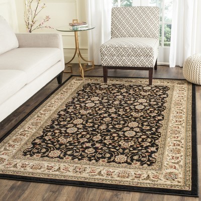 Black Floral Synthetic 4' x 6' Area Rug with Border Embellishment