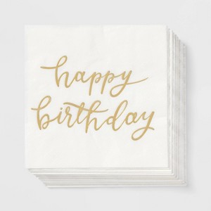 30ct Beverage Napkins 'Happy Birthday' Gold - Spritz™ - 1 of 4
