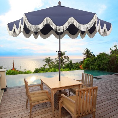 Navy and Cream 9 ft. Cottage Tassel Patio Umbrella