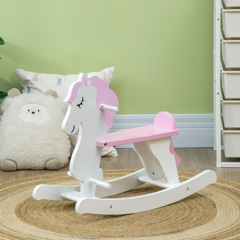 Qaba Little Wooden Rocking Horse Toy for Kids' Imaginative Play, Children's Small Baby Rocking Horse Ride-on Toy for Toddlers 1-3, Pink and White, 2 of 7