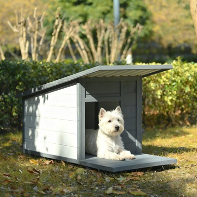 Outdoor Modern Style Solid Wood Dog House, Weatherproof Pet Shelter ¨C Gray, Medium (20¨C50 lbs), 28.8" H x 44.1" W x 22.1" D