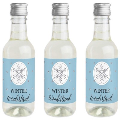 Big Dot of Happiness Winter Wonderland - Mini Wine and Champagne Bottle Label Stickers - Snowflake Party & Winter Wedding Party Favor Gift - Set of 16