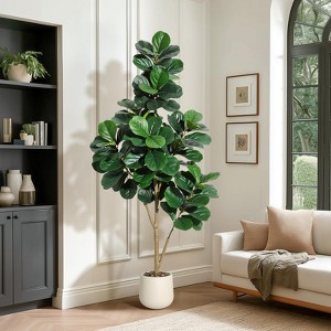 7FT Fiddle Leaf Fig Tree Artificial with 141 Leaves - Realistic Faux Ficus Lyrata Trees in 9" White Planter Pot, Indoor Fake Floor Plants ,Gift - 1 of 4
