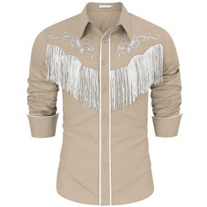 Coolmee Men's Western Cowboy Fringe Shirt Long Sleeve Floral Print Slim Fit Button Down Shirt - 1 of 3