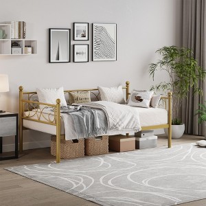 Jojoka Twin Daybed with Trundle, Metal Sofa Bed Frame with Floral Headboard, Pull-Out Wheeled Trundle, Sturdy Steel Slats - 1 of 4