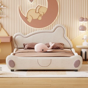 NicBex Velvet Upholstered Platform Bed Frame with Bear-Shaped Headboard and Bed-End Storage Pocket,Wood Slat Support,Easy Assembly,Beige/Gray - 1 of 4