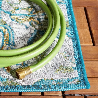 Ivory and Light Blue Synthetic Square Indoor/Outdoor Area Rug