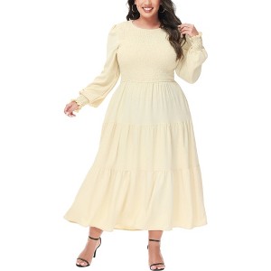 Anna-Kaci Women's Plus Size Casual Long Sleeve Smocked Chest Round Neck Flowy Tiered Maxi Dress - 1 of 4