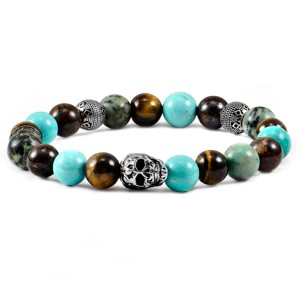 Crucible Single Skull Stretch Bracelet with 10mm Tiger Eye, Genuine Turquoise, African Turquoise and Bronzite Beads - 1 of 4