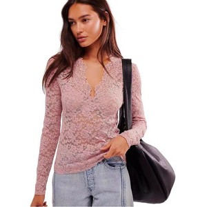Coolmee Women’s Floral Lace Top Low Cut Sheer Long Sleeve Crop Shirt Going Out Tops - 1 of 4