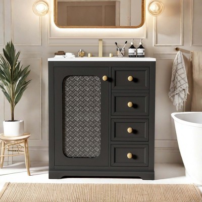 NicBex 30" Bathroom Vanity with Ceramic Sink, Bathroom Cabinet Storage with 1 Glass Cabinet Doors and Adjustable Shelf, 3 Drawers for Bathroom, Black