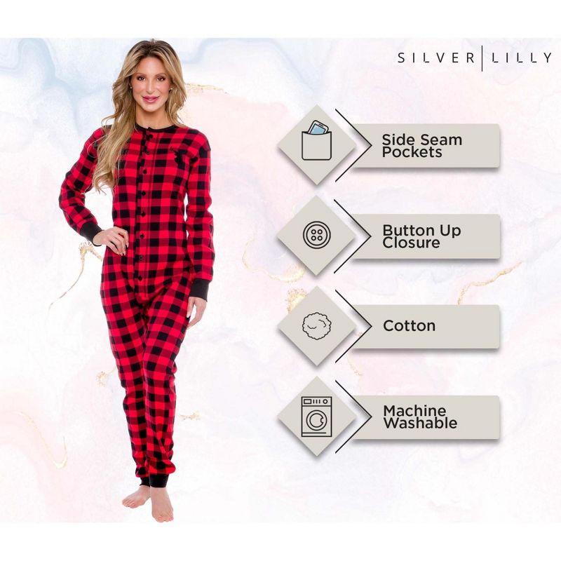 Silver Lilly Slim Fit Women's "Oh Deer" Buffalo Plaid One Piece Pajama Union Suit with Functional Panel, 5 of 8